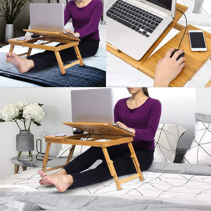 Foldable Bamboo Laptop Table with Double Fans & Drawer | Adjustable Portable Bedside Laptop Tray | Natural Bamboo Bed Table