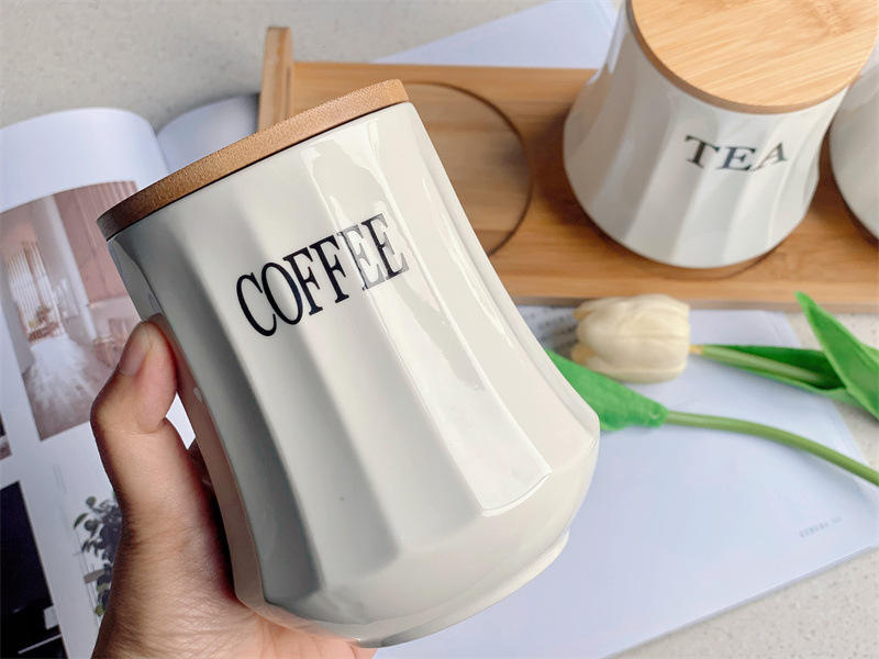 3pc White Ceramic Tea, Coffee, Sugar Canister Set with Bamboo Lids & Tray | 500ml Food Grade Storage Canisters