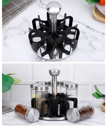 8in1 Rotating Spice Carousel | Glass Containers with Stainless Steel Lids | Stylish Spice Rack Organizer