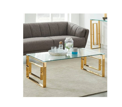 Central Glass Coffee Table | Minimalist Design with Polished Gold Stainless Steel Stands & Tempered Glass Top