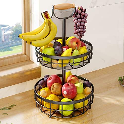 2 Tier Detachable Nordic Fruit & Vegetable Rack with Dual Banana Holder | Carbon Steel & Wood Handle