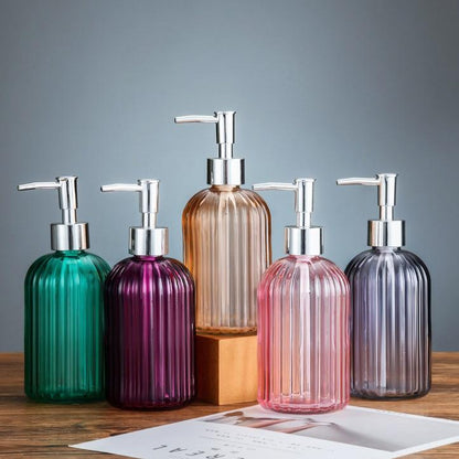 High Quality Glass Soap Dispenser | 420ml MultiPurpose Pump Bottle for Soap, Shampoo, and Lotion | Available in Purple, Grey, Pink, Yellow, and Orange