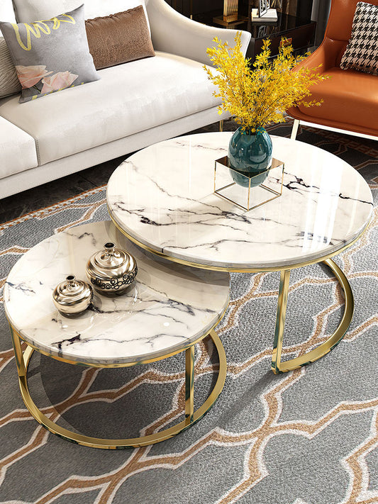 Glass Top Nesting Tables (Marble Effect) | Set of 2 | 70cm & 50cm Diameter | Round Marble top Table| Stainless Steel Metal | Living Room Furniture | Space Saving| Decorative Table