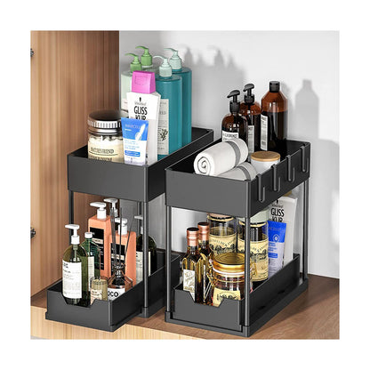 Multipurpose Stainless Steel Double Sliding Under Sink Organizer | 2 Tier Pull-Out Storage Rack for Kitchen & Bathroom | Plastic Layered Cabinet Organizer