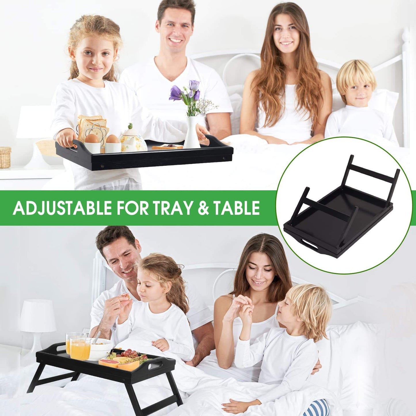 Multipurpose EcoFriendly Black Bamboo Tray with Foldable Legs | Serving Meals, Snacks | 20.5 cm x 10.2 cm x 5.5 cm | Black