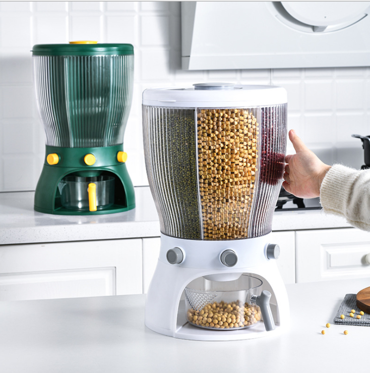 Large Capacity 4 Grid Rotatable Rice Dispenser | Dry Food & Grain Storage Container | Insect-Proof & Moisture-Proof Sealed Cereal Dispenser