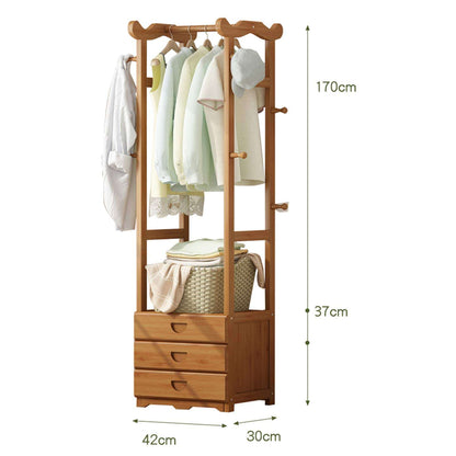 Multifunctional Bamboo Cloth Storage  Rack with 3 Storage Drawers |Coat Rack Eco Friendly and Durable Clothes Organizer for Home and Office