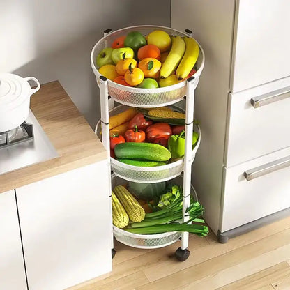 3 Tier Metallic Multipurpose Rotatable Vegetable & Fruit Rack | Foldable & Movable with Wheels | Black, White Finishes