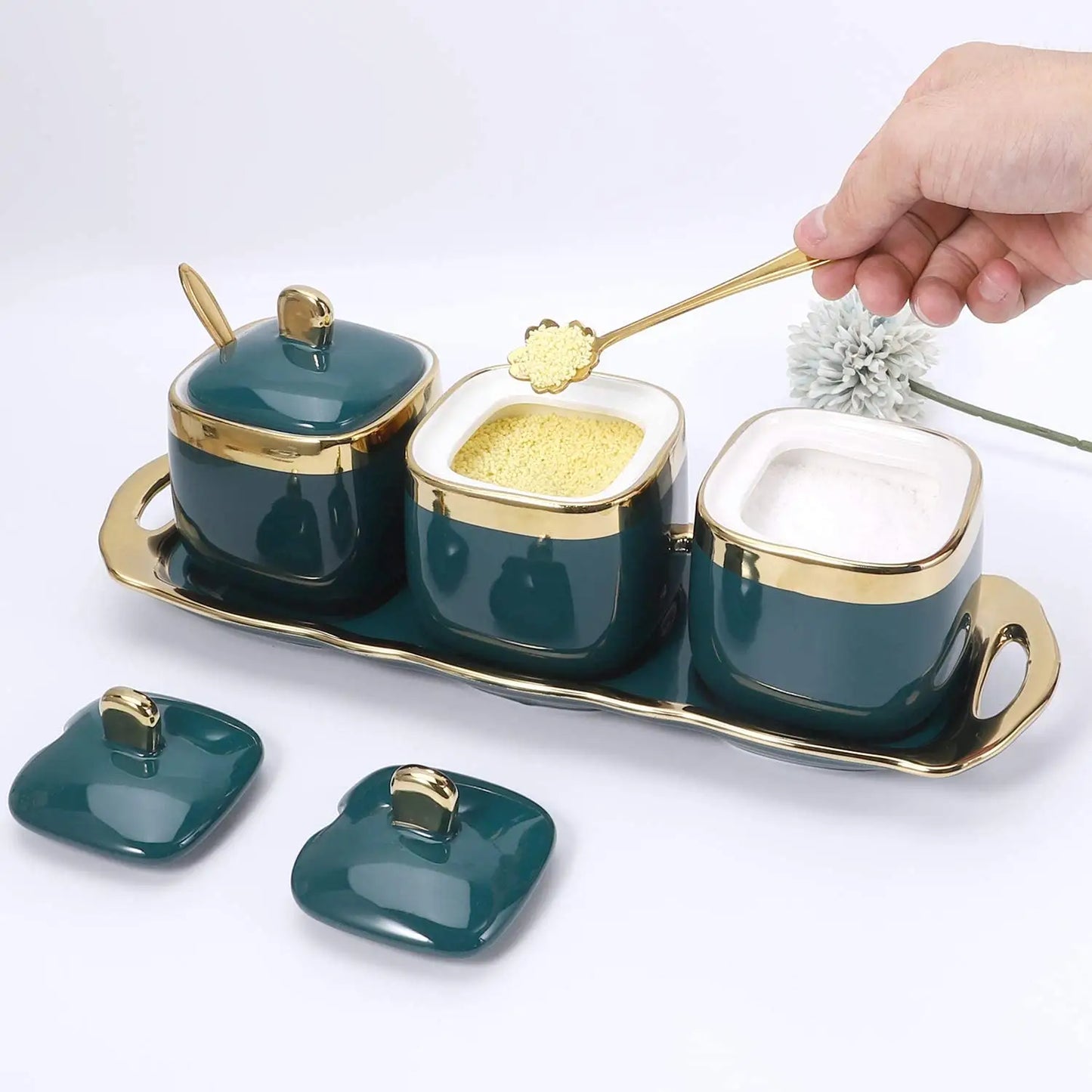 Nordic Luxurious Ceramic Sugar Spice Dish Set | Set of 3 | Includes 3 Gold Tea Spoons & Tray | White Gold & Green Gold