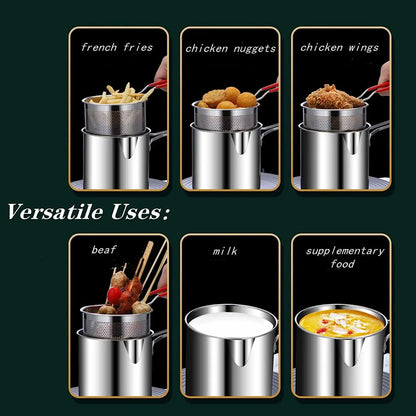 6in1 Stainless Steel Deep Frying Pot Set | 304 Stainless Steel Fryer with Basket, Oil Filter, Lid & Tongs | Perfect for French Fries, Tempura, and Pasta