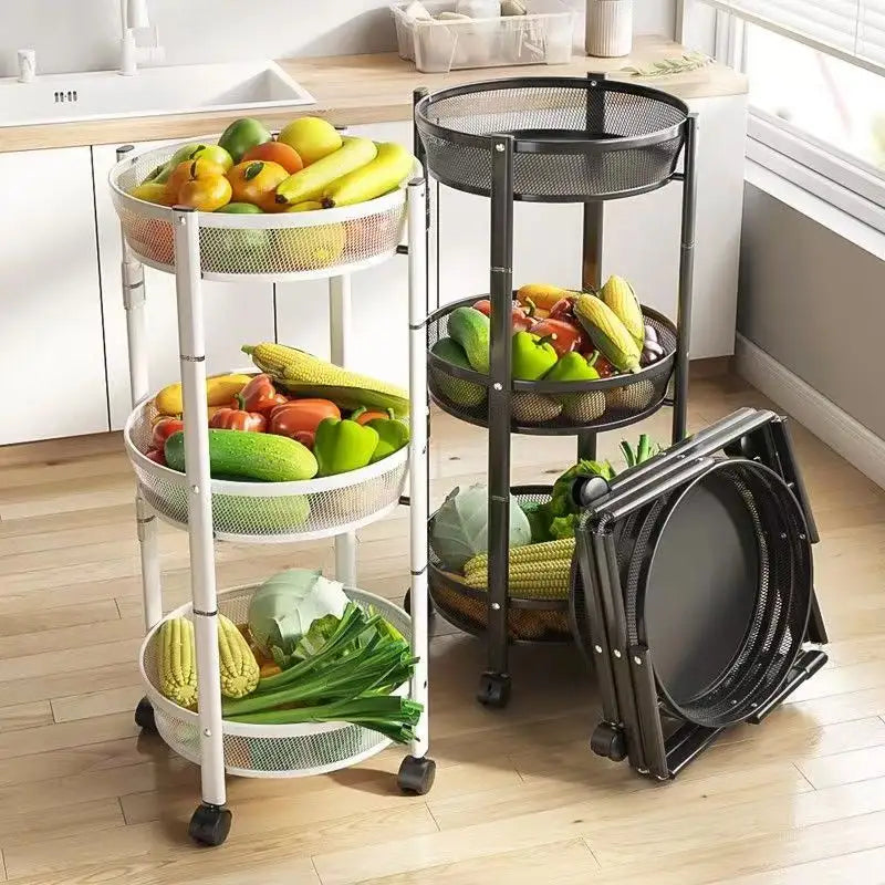 3 Tier Metallic Multipurpose Rotatable Vegetable & Fruit Rack | Foldable & Movable with Wheels | Black, White Finishes