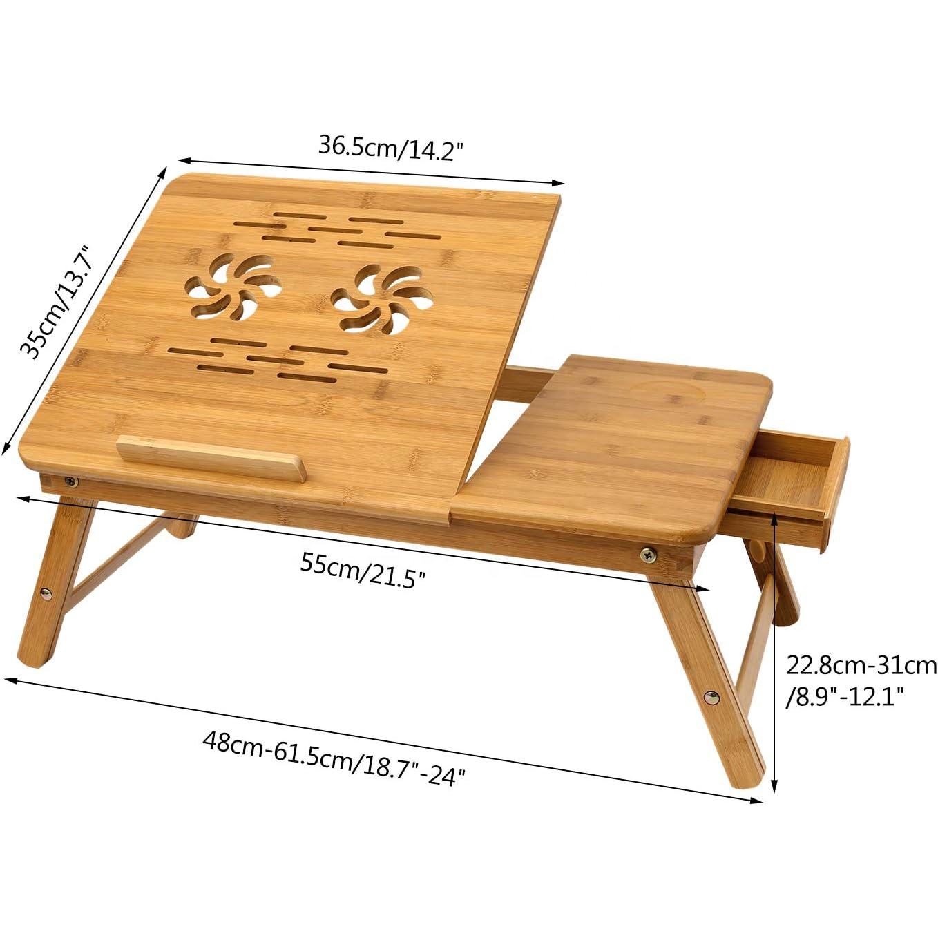 Foldable Bamboo Laptop Table with Double Fans & Drawer | Adjustable Portable Bedside Laptop Tray | Natural Bamboo Bed Table