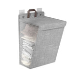 Foldable Adhesive Laundry Basket Hamper with Handle and Stickers | Punch-Free Wall Hanging Mesh Organizer - Grey & Beige