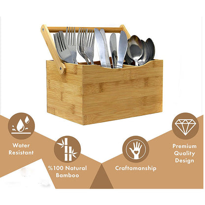 Portable Kitchen Cutlery Organizer with Handle | Bamboo Countertop Utensil Holder | 23x10x20cm