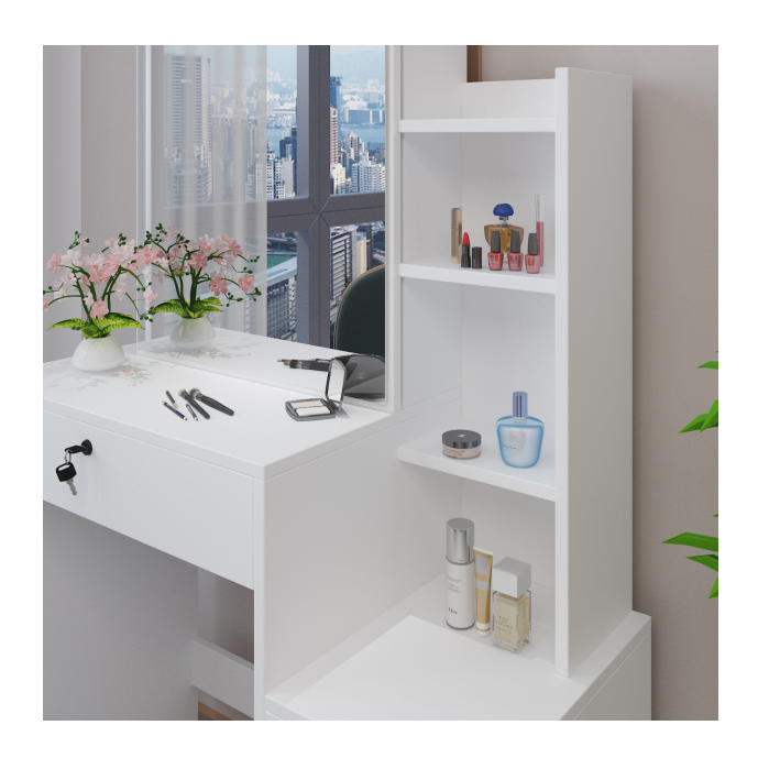 Wooden Dressing Table with Mirror, Stool & 4 Drawers | Makeup Storage Dresser with 3 Open Shelves for Bedroom | Size: 840mm x 400mm x 1410mm