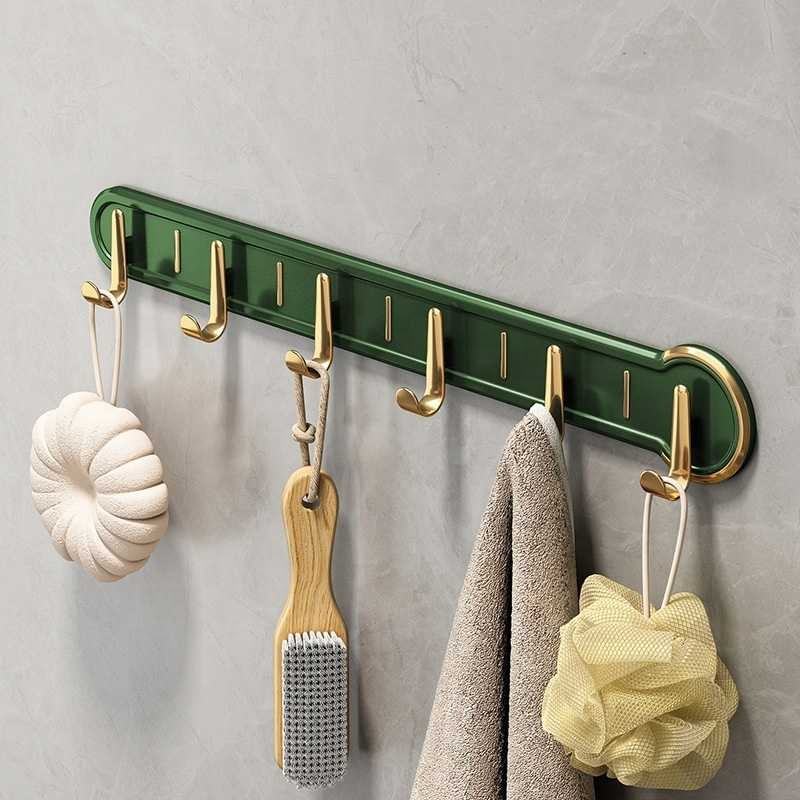 Wall Mounted Hanging Rack with 6 Hooks | No Punch Adhesive Hook for Kitchen & Bathroom Storage