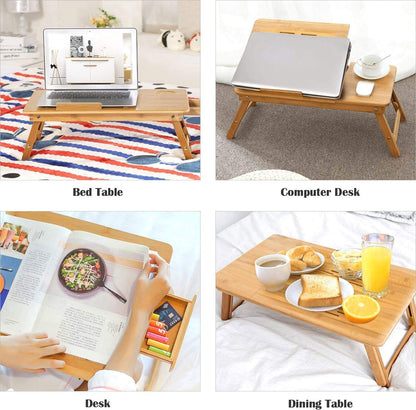 Foldable Bamboo Laptop Table with Double Fans & Drawer | Adjustable Portable Bedside Laptop Tray | Natural Bamboo Bed Table