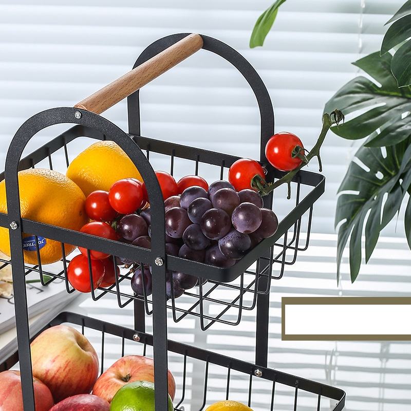 2 Layer Metallic Mesh Fruit Basket | Black Iron Metal with Wooden Holder | Handheld Rack for Kitchen & Bathroom