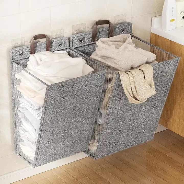 Foldable Adhesive Laundry Basket Hamper with Handle and Stickers | Punch-Free Wall Hanging Mesh Organizer - Grey & Beige