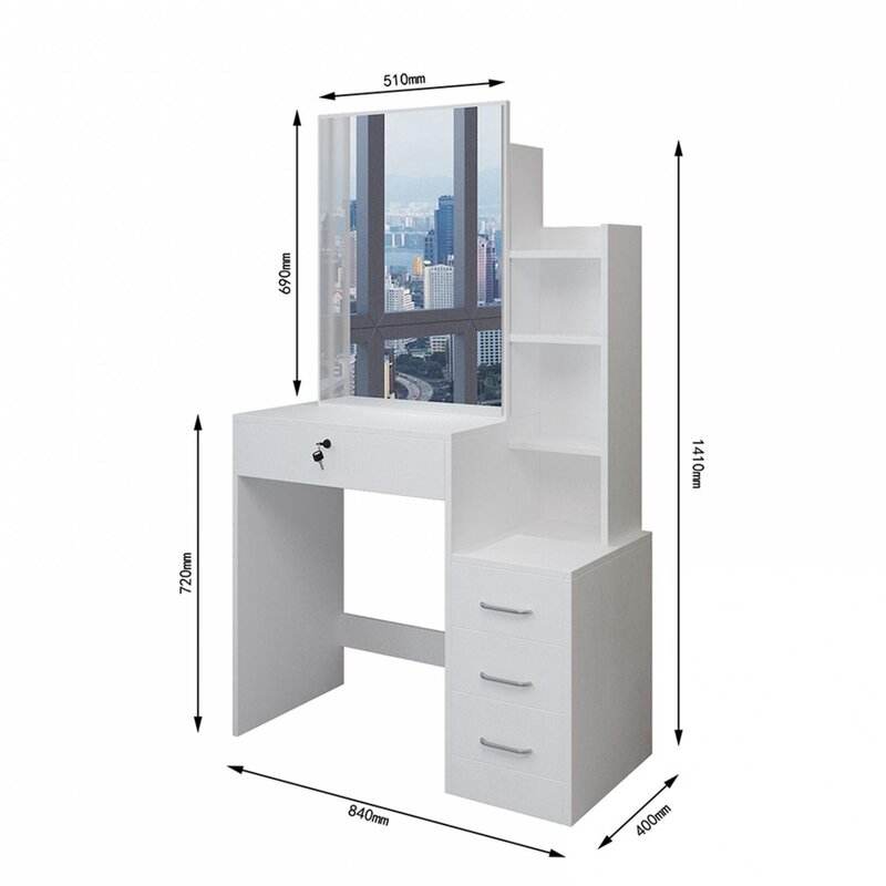 Wooden Dressing Table with Mirror, Stool & 4 Drawers | Makeup Storage Dresser with 3 Open Shelves for Bedroom | Size: 840mm x 400mm x 1410mm