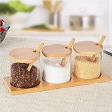 3 Piece Glass Spice Organizer Set with Bamboo Lids | With Rectangular Wooden Tray & Spoons