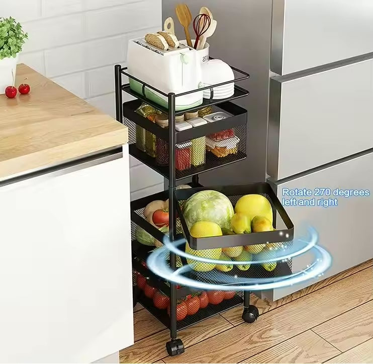 Rotating Multifunctional Storage Rack with Wheels | 30x30x90cm, Square Metal Design - Black