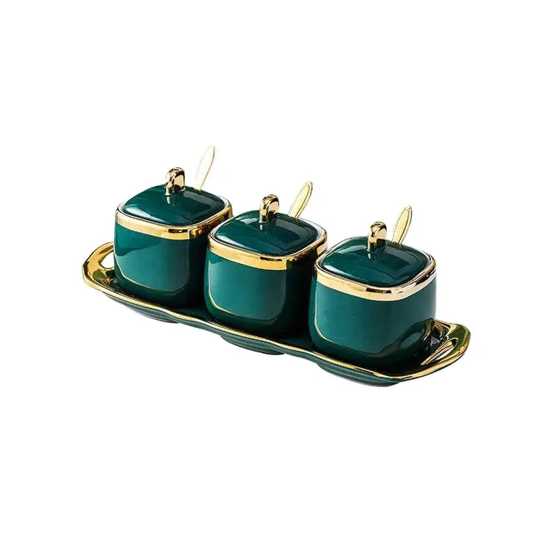 Nordic Luxurious Ceramic Sugar Spice Dish Set | Set of 3 | Includes 3 Gold Tea Spoons & Tray | White Gold & Green Gold