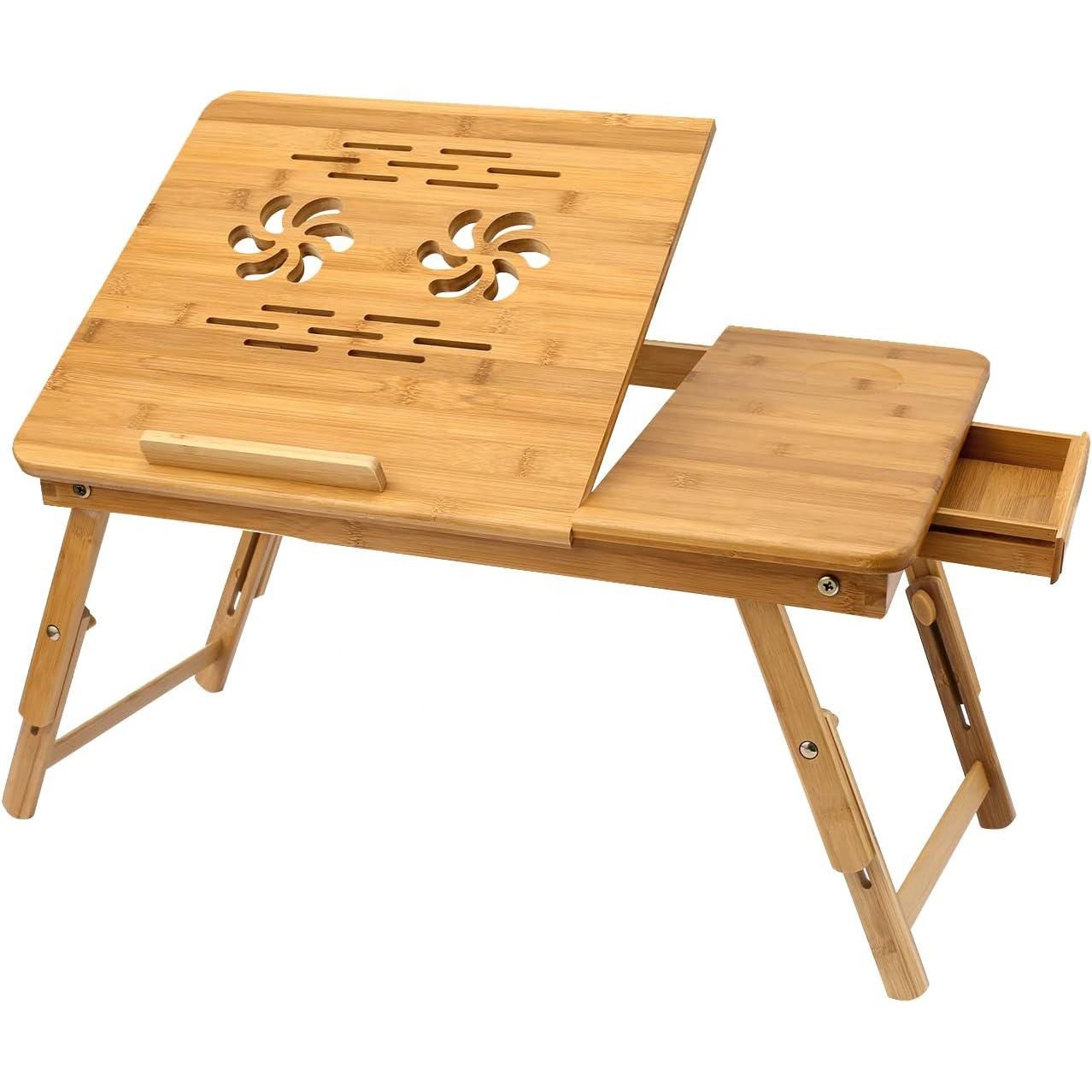 Foldable Bamboo Laptop Table with Double Fans & Drawer | Adjustable Portable Bedside Laptop Tray | Natural Bamboo Bed Table