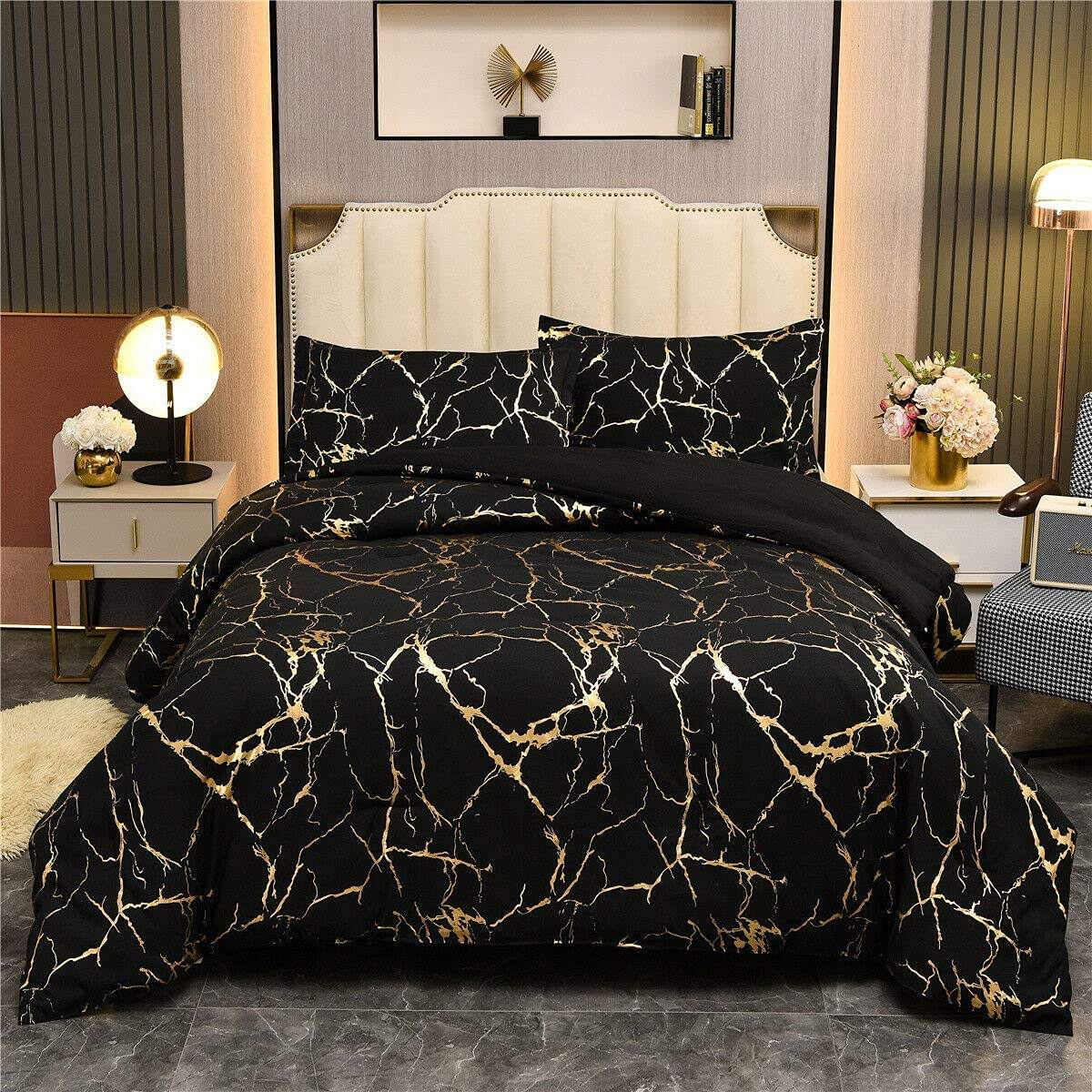 Marble Printed 3 Piece Luxury Microfiber Down Comforter Quilt Cover Set | Zipper Closure Duvet Cover & 2 Pillowcases | Premium Cotton | Gold Marble Texture | Black and Green