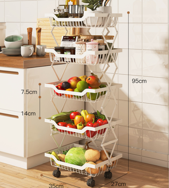 Foldable 4 Tier Storage Rack | Movable Multi-Layer Kitchen Vegetable/Fruit Shelf | Carbon Steel Rust-Proof Trolley | 35x25x75cm