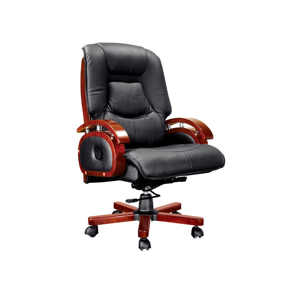 Luxurious Executive Recliner Office Chair |High Quality Black Leather CEO Boss Chair with Wooden Frame