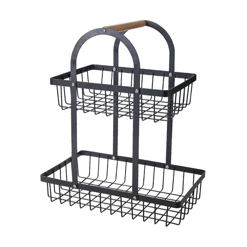 2 Layer Metallic Mesh Fruit Basket | Black Iron Metal with Wooden Holder | Handheld Rack for Kitchen & Bathroom