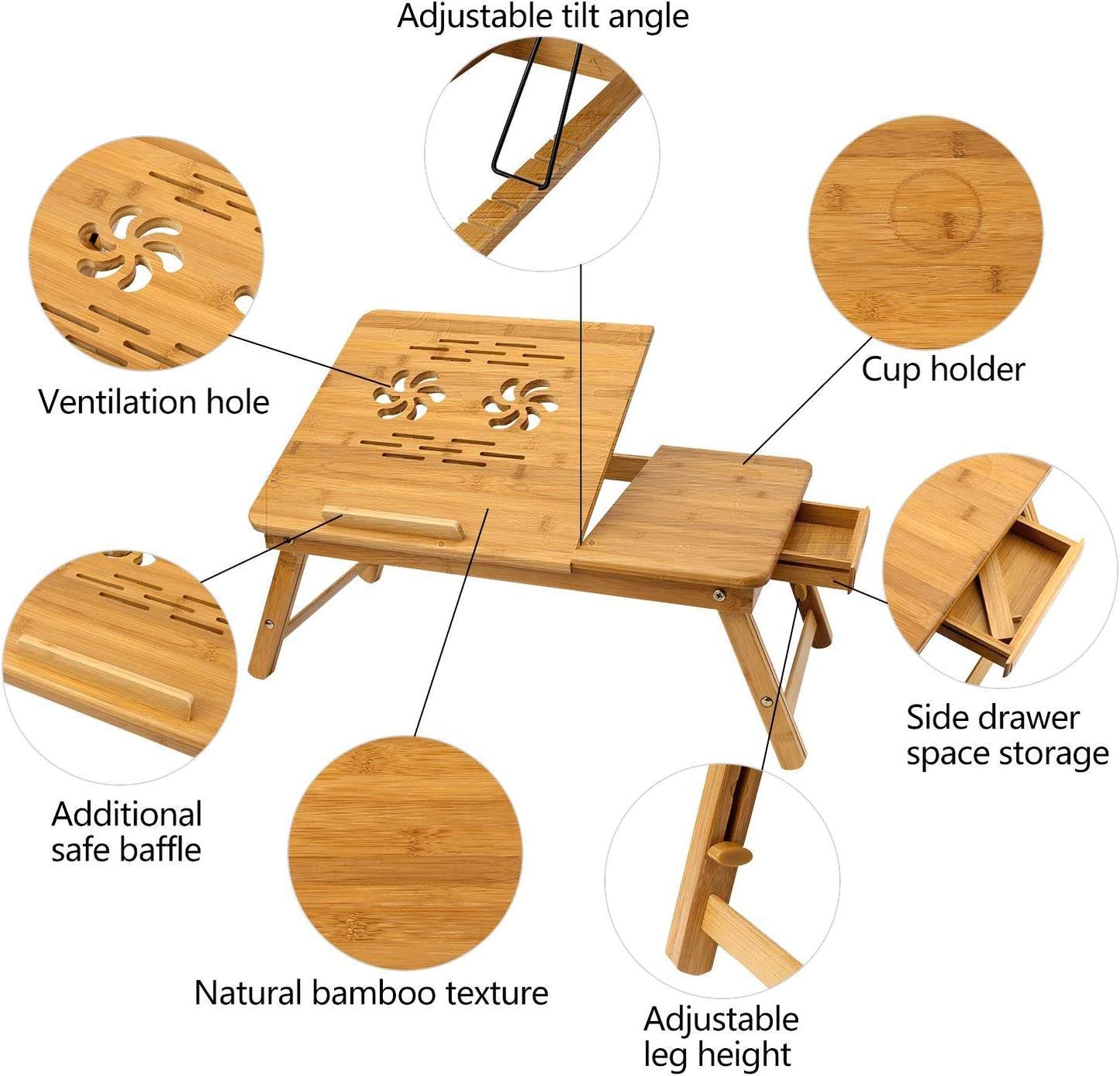 Foldable Bamboo Laptop Table with Double Fans & Drawer | Adjustable Portable Bedside Laptop Tray | Natural Bamboo Bed Table