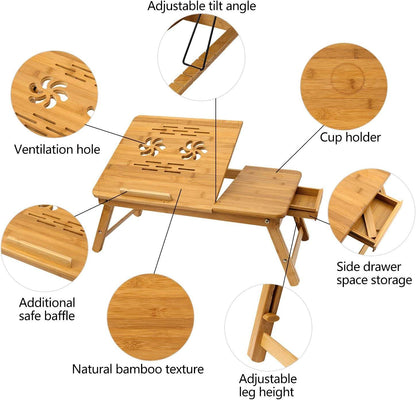 Foldable Bamboo Laptop Table with Double Fans & Drawer | Adjustable Portable Bedside Laptop Tray | Natural Bamboo Bed Table