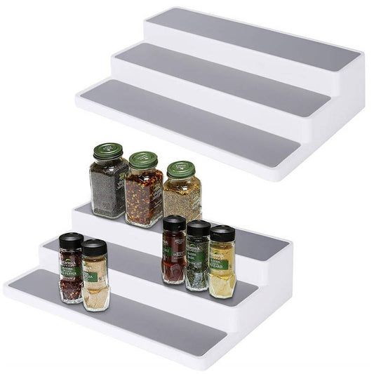 3 Tier Plastic Non-Slip Spice Rack | Waterproof Kitchen Pantry & Cabinet Organizer | Multi-Purpose 3 Tier Spice Shelf in Grey & White