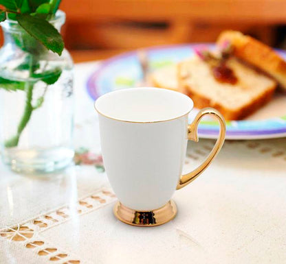 Shapely Coloured Ceramic Cup with Gold Ring | 400ml Elegant Ceramic Mug in White | 6 pc Set