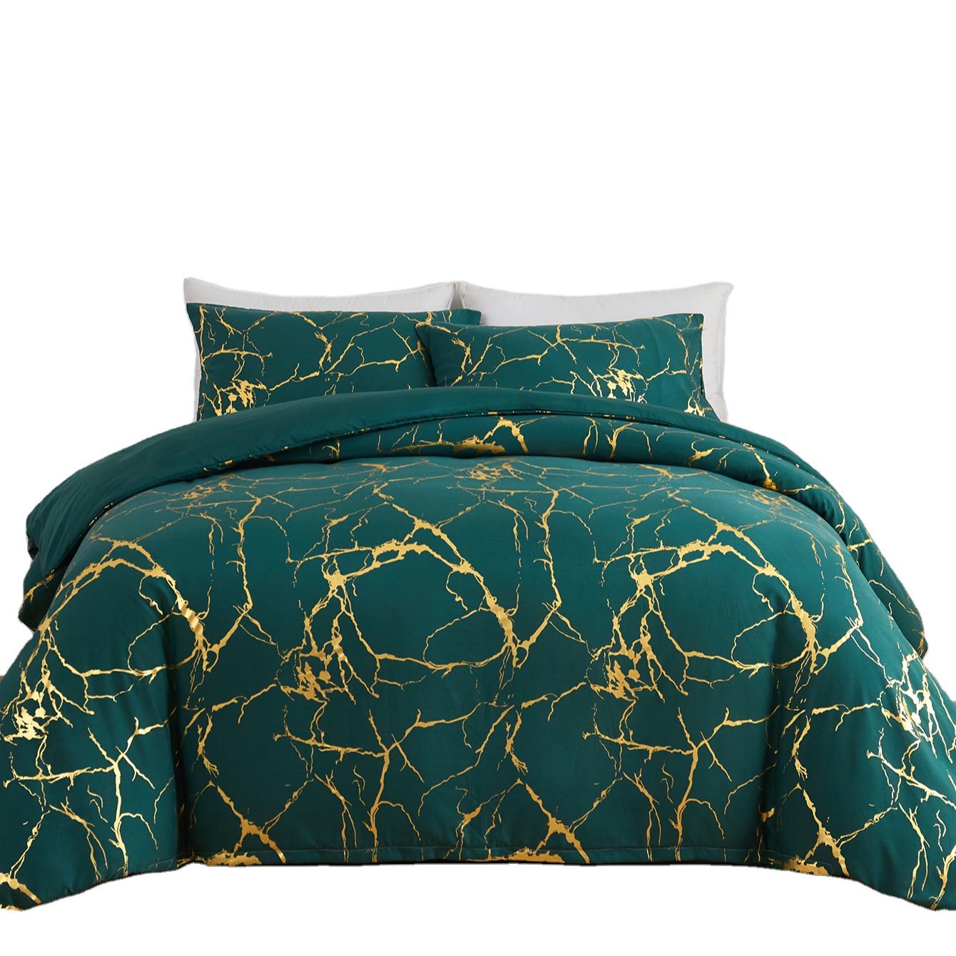 Marble Printed 3 Piece Luxury Microfiber Down Comforter Quilt Cover Set | Zipper Closure Duvet Cover & 2 Pillowcases | Premium Cotton | Gold Marble Texture | Black and Green