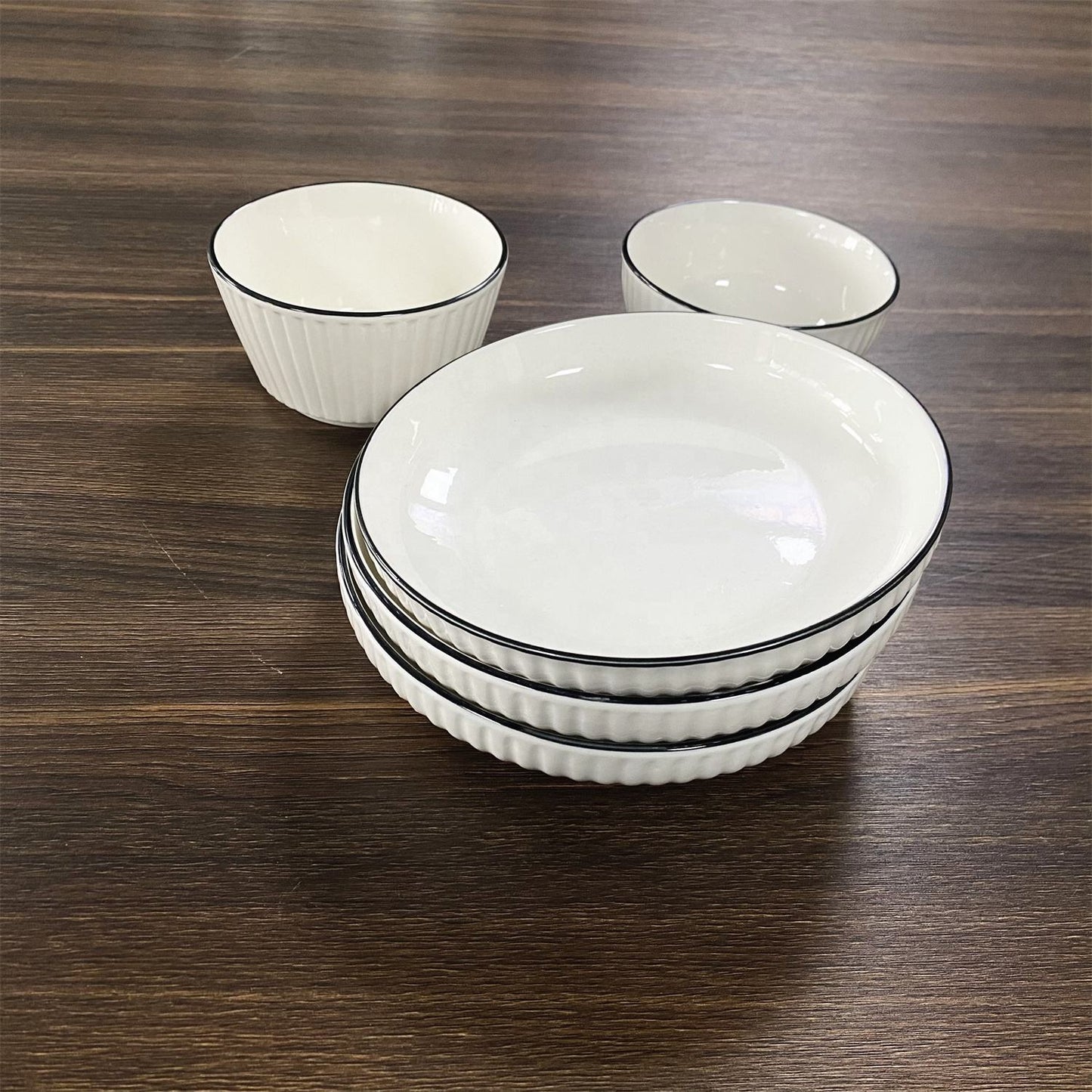 High Quality White Ceramic Embossed 18 pcs Japanese Dinner Set | Includes 6 Plates, 6 Cups, and 6 Bowls