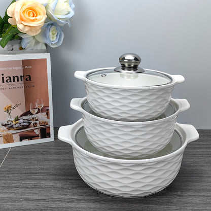 3 Piece White Ceramic Casserole Serving Dishes Set with Tempered Glass Lid Covers | Versatile Cookware Soup Pot and Bowl Set