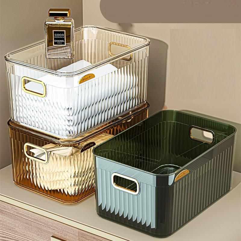 Luxury Transparent Household Storage Box | Stackable PET Plastic Storage Bins with Gold Plated Handles | MultiPurpose Light Luxury Organizers