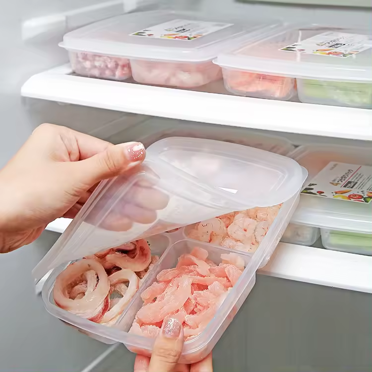 Compartment Fridge Containers | 4 Grid Side Food & Meat Organizer for Refrigerator | Clear Microwavable Storage Box for Kitchen Fridge & Freezer