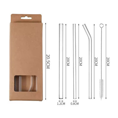 4-Piece Reusable Glass Straws Set | 8mm Straight & Bent Eco-Friendly Drinking Straws with Brush & Box