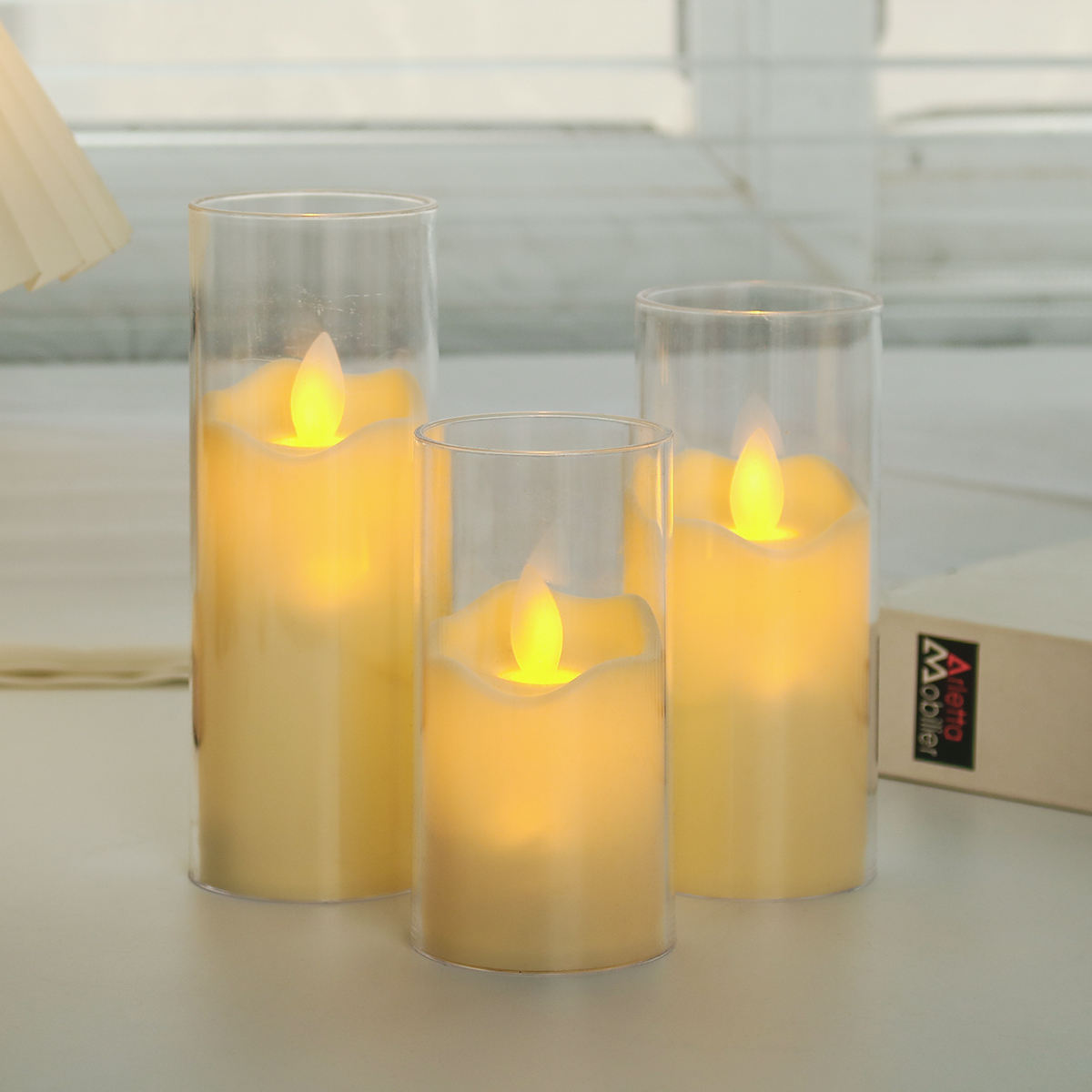 LED Candle Set (3pcs) with Flickering Light | Flameless Decorative Festive Candles | Ivory White | 15cm, 12.5cm, 10cm