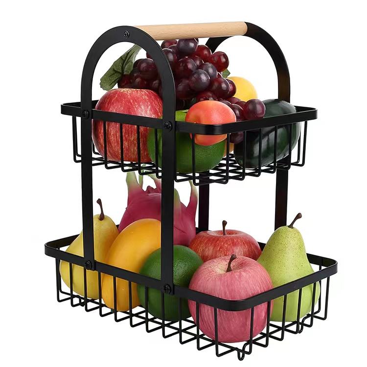 2 Layer Metallic Mesh Fruit Basket | Black Iron Metal with Wooden Holder | Handheld Rack for Kitchen & Bathroom