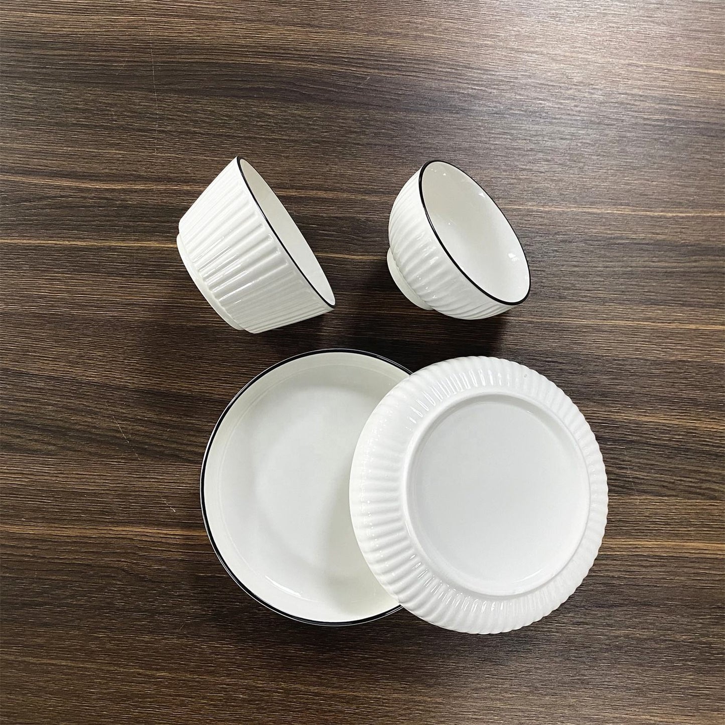 High Quality White Ceramic Embossed 18 pcs Japanese Dinner Set | Includes 6 Plates, 6 Cups, and 6 Bowls