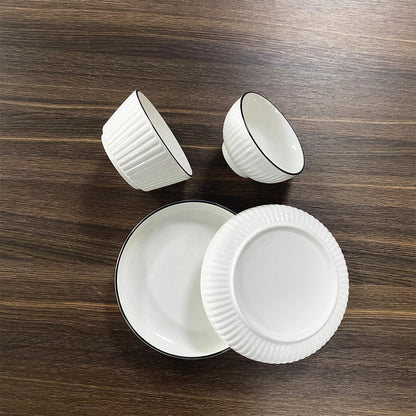 High Quality White Ceramic Embossed 18 pcs Japanese Dinner Set | Includes 6 Plates, 6 Cups, and 6 Bowls