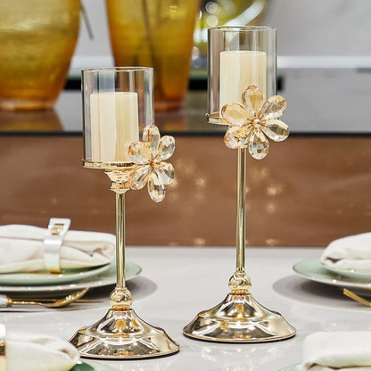 Luxury Style Home Decor Metal & Glass Flowers Candle Holder | Perfect for Weddings, Parties, and Romantic Dinners