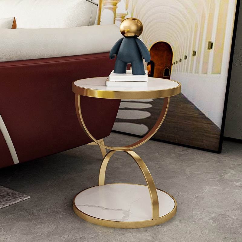 2 Tier Tempered Glass Side Table | Luxury Round Accent Table with Marble Top and Metal Frame | American Modern Style End Table for Living Room and Bedroom