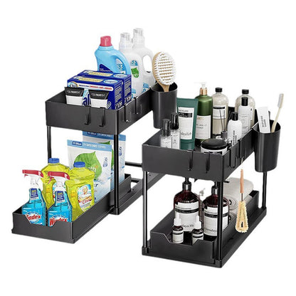 Multipurpose Stainless Steel Double Sliding Under Sink Organizer | 2 Tier Pull-Out Storage Rack for Kitchen & Bathroom | Plastic Layered Cabinet Organizer