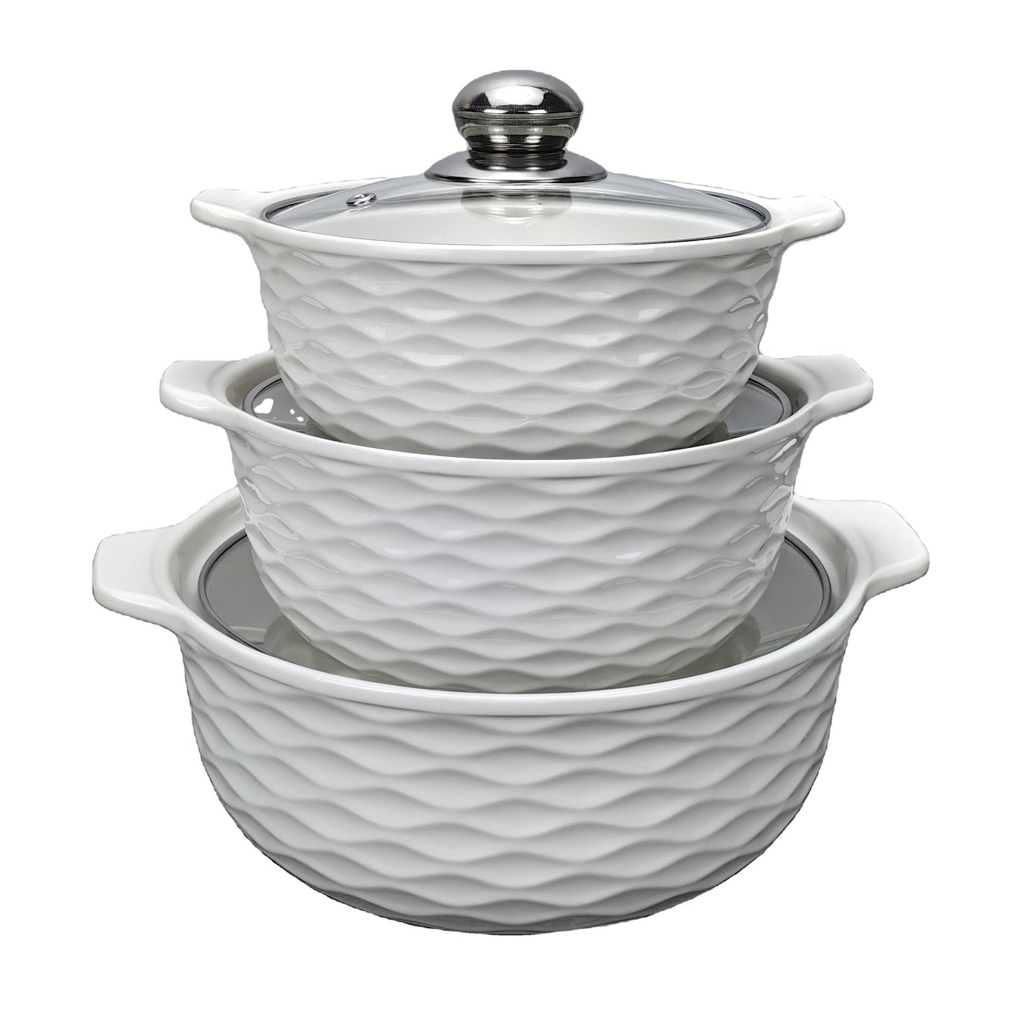 3 Piece White Ceramic Casserole Serving Dishes Set with Tempered Glass Lid Covers | Versatile Cookware Soup Pot and Bowl Set